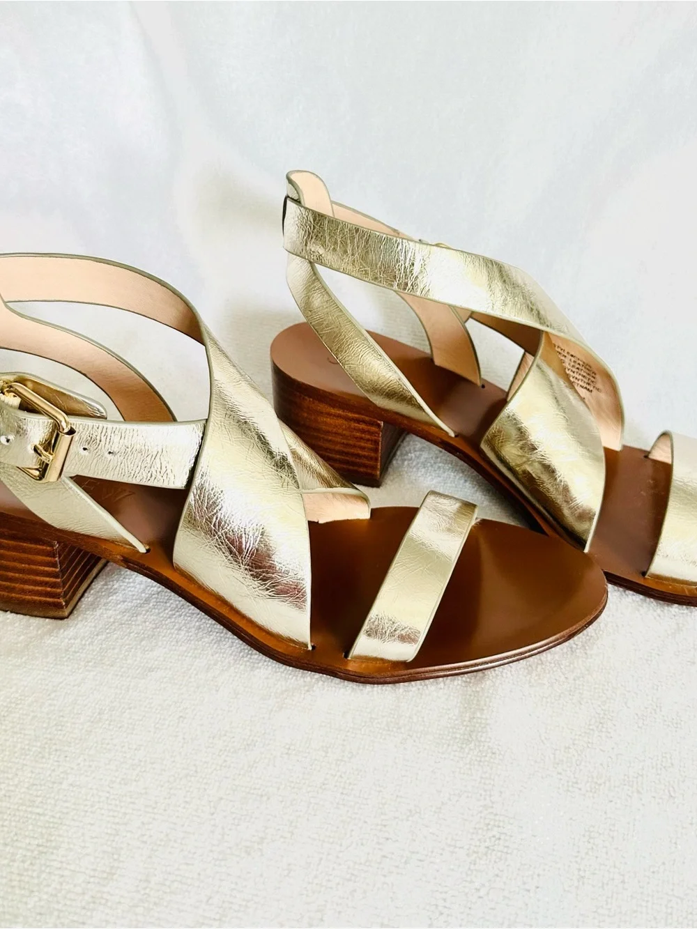 J. Crew Metallic Gold Crisscross Block Heel Sandals Strappy Leather Size 7.5